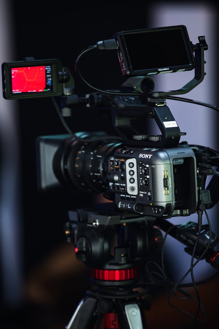 Nos Métiers Close-up of a high-end video camera with multiple monitors for filming projects.